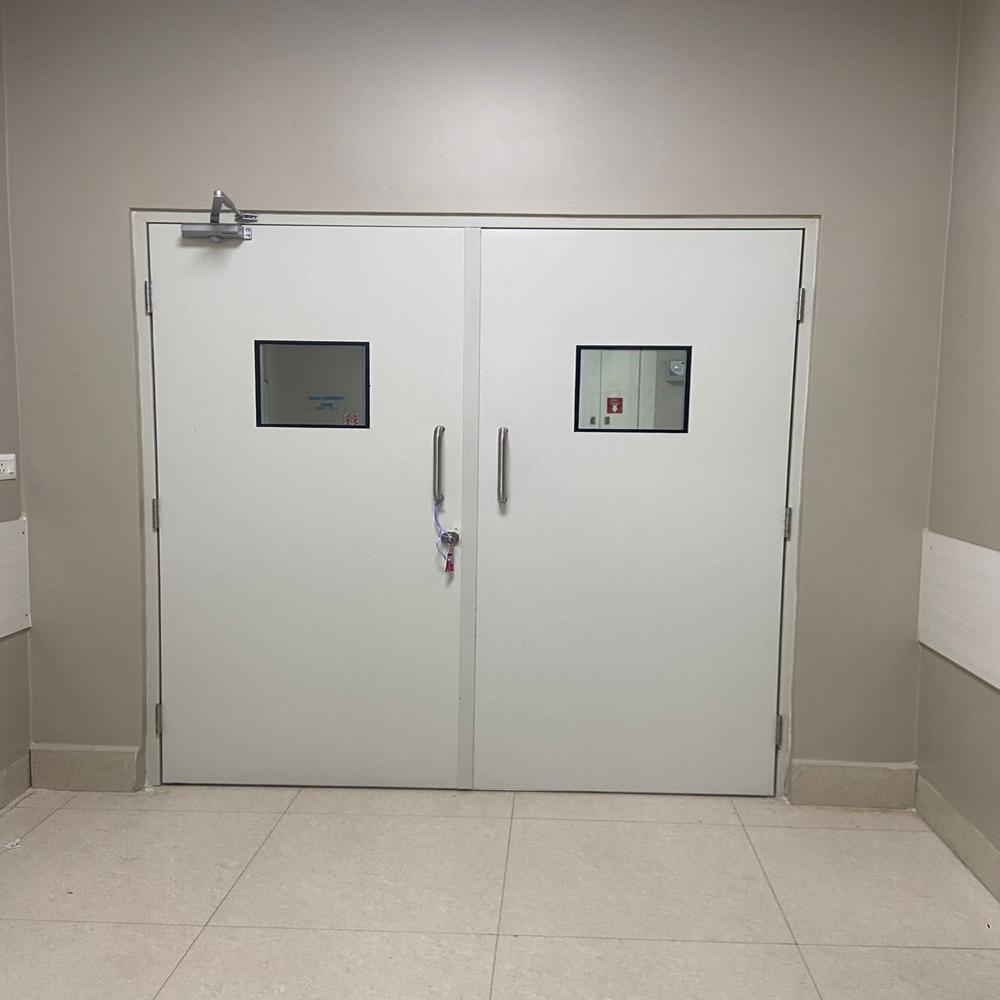 Modular Ot Doors - Stainless Steel, Double Door, Light Blue, Tempered Glass Vision Panel | Automatic Closing, Soundproof, Handicap Accessible