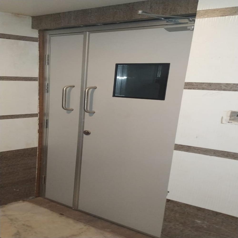 Modular Ot Doors - Stainless Steel, Double Door, Light Blue, Tempered Glass Vision Panel | Automatic Closing, Soundproof, Handicap Accessible