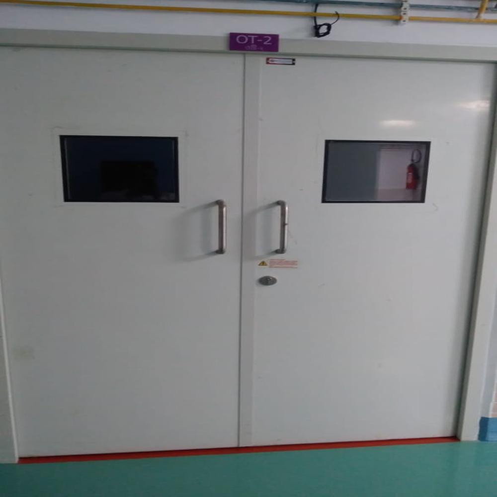 Modular Ot Doors - Stainless Steel, Double Door, Light Blue, Tempered Glass Vision Panel | Automatic Closing, Soundproof, Handicap Accessible