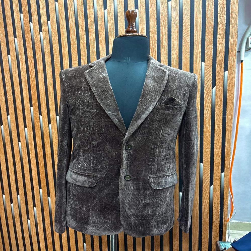 Mens Premium Textured Velvet Blazer with Abstract Woven Pattern Notch Lapel Flap Pockets
