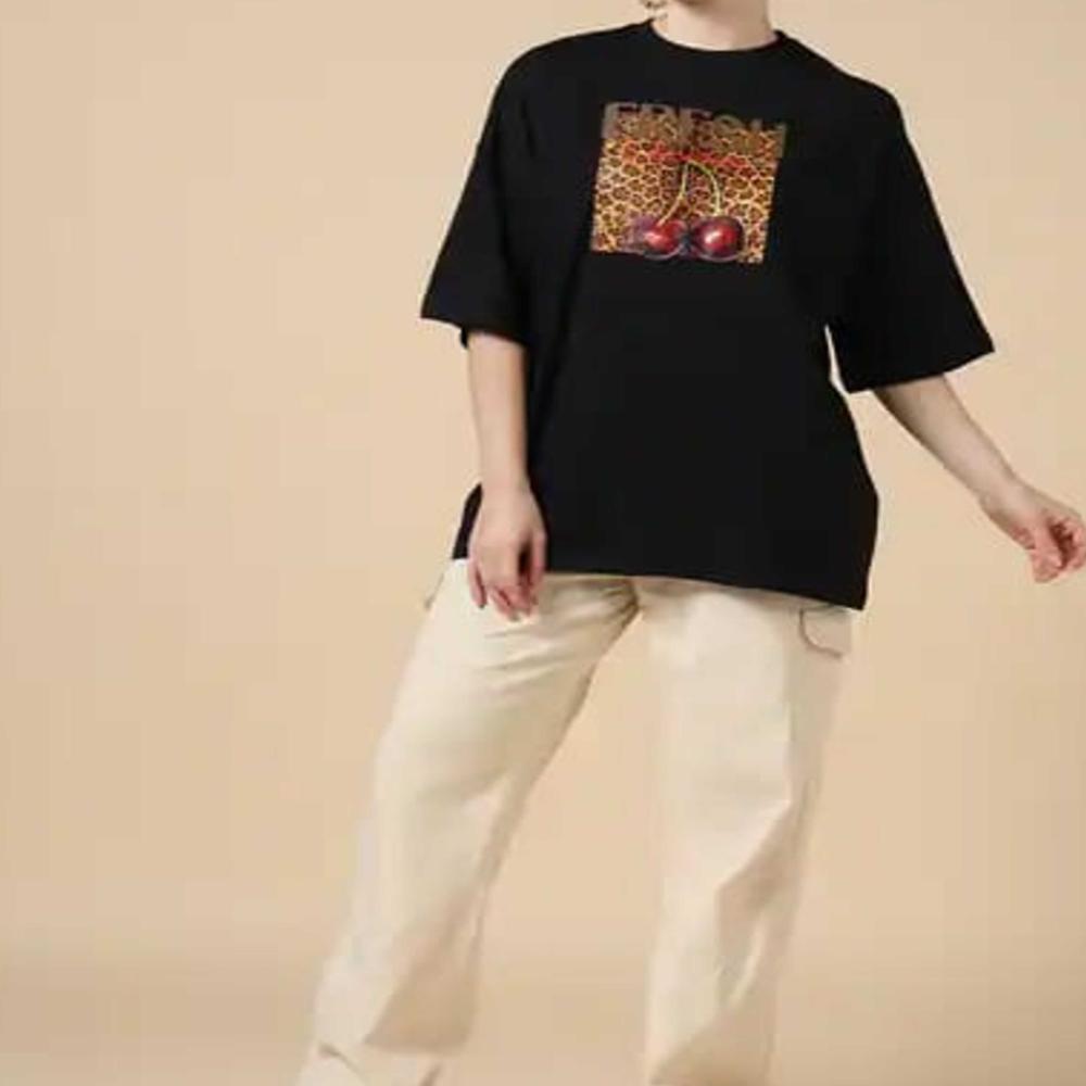 Export surplus Womens Black Graphic Oversized TShirt
