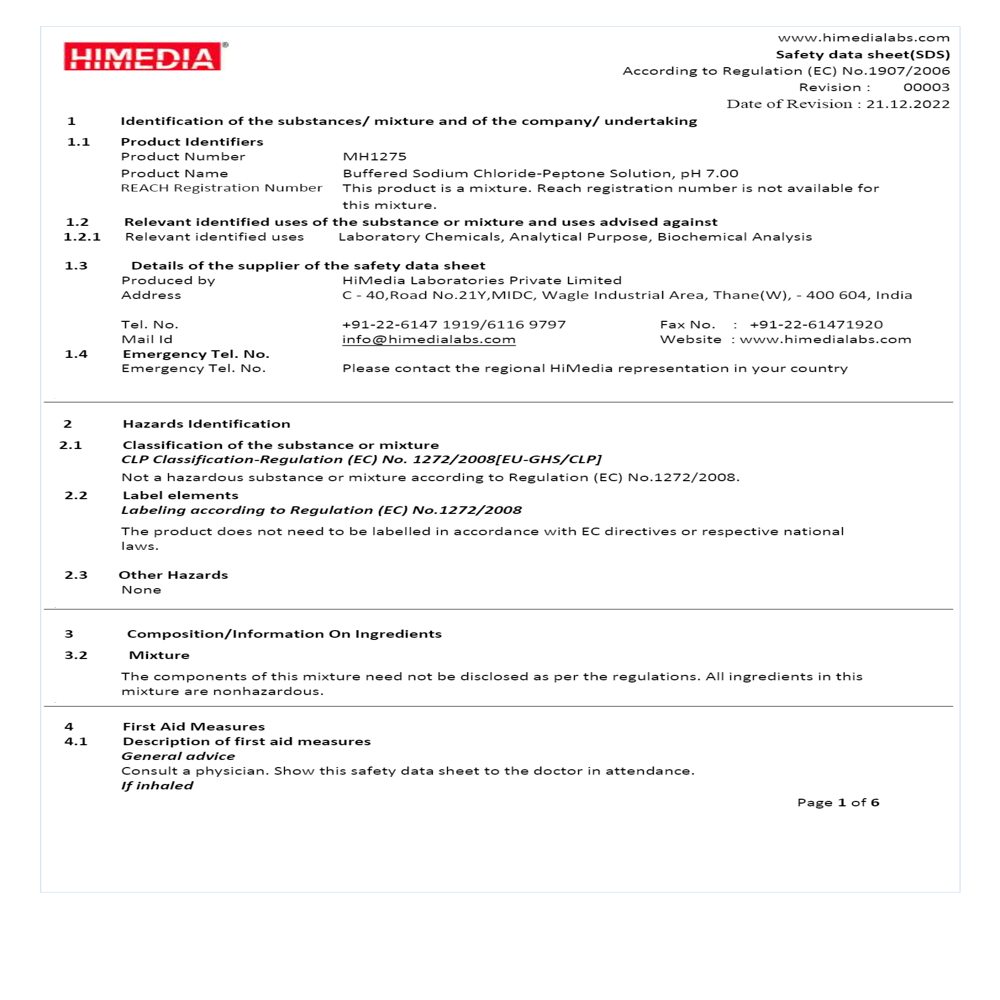 Buffered Sodium Chloride Peptone Solution pH 7.0