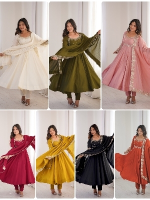 Wholesale Anarkali Suit Manufacturer - Designer 3 Piece Roman Silk Gown Set With Chanderi Dupatta - 7 Colours - Ses245 - Decoration Material: Sequins