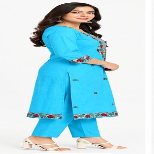 Turquoise Floral Embroidered Straight Kurta Set with Trousers