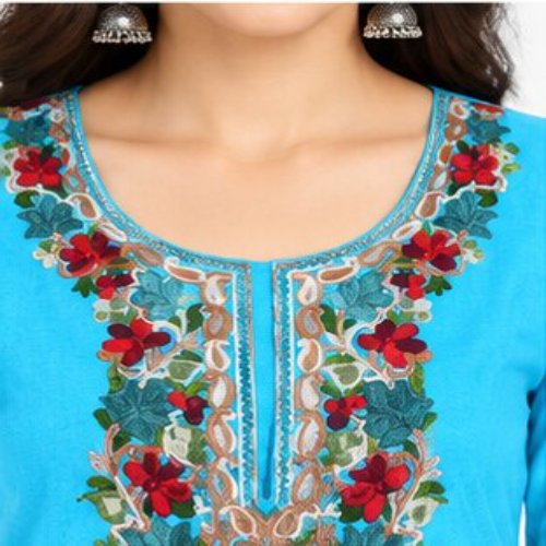 Turquoise Floral Embroidered Straight Kurta Set with Trousers