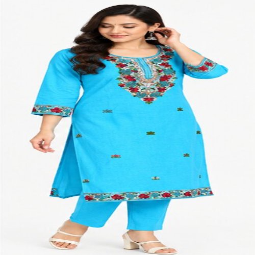 Turquoise Floral Embroidered Straight Kurta Set with Trousers