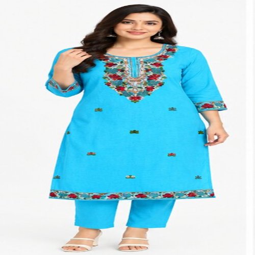 Turquoise Floral Embroidered Straight Kurta Set with Trousers