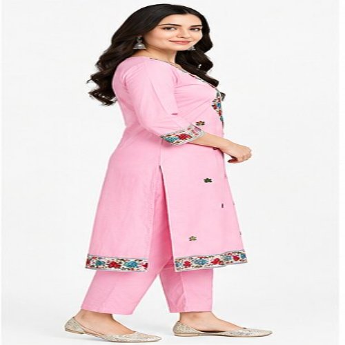 Baby Pink Floral Embroidered Straight Kurta Set with Trousers