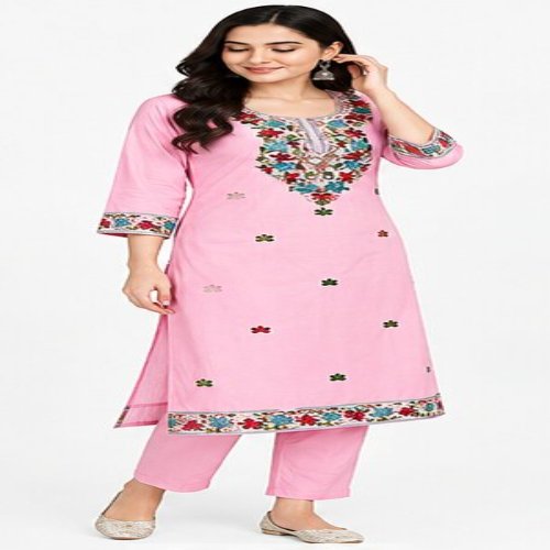 Baby Pink Floral Embroidered Straight Kurta Set with Trousers