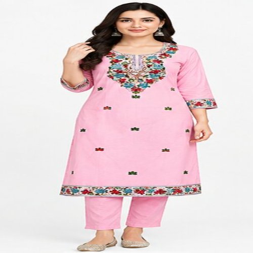 Baby Pink Floral Embroidered Straight Kurta Set with Trousers