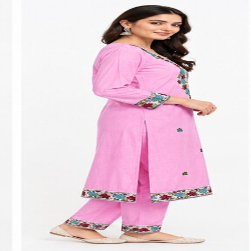 Lavender Pink Floral Embroidered Straight Kurta Set with Embroidered Trousers