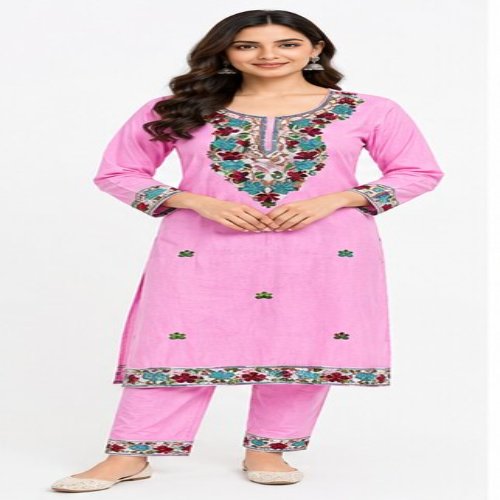 Lavender Pink Floral Embroidered Straight Kurta Set with Embroidered Trousers