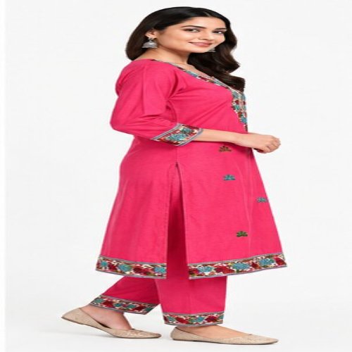 Rani Pink Floral Embroidered Straight Kurta Set with Embroidered Trousers