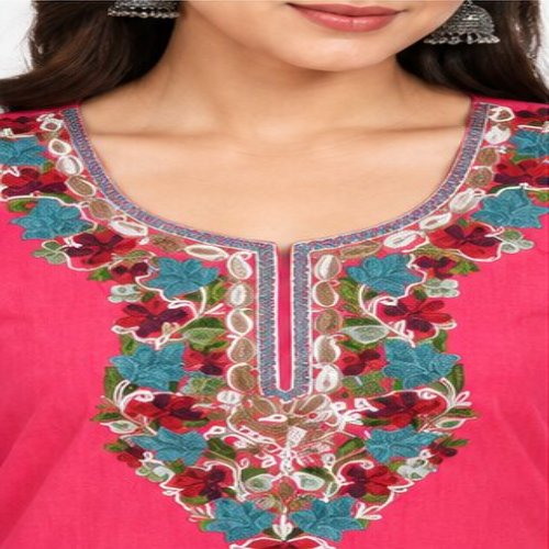 Rani Pink Floral Embroidered Straight Kurta Set with Embroidered Trousers