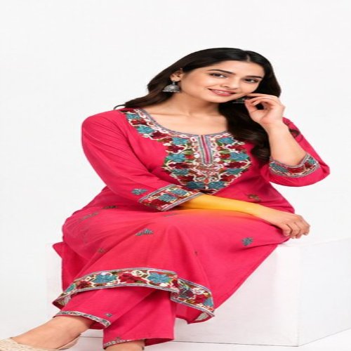 Rani Pink Floral Embroidered Straight Kurta Set with Embroidered Trousers
