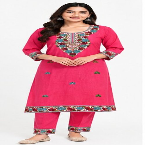 Rani Pink Floral Embroidered Straight Kurta Set with Embroidered Trousers