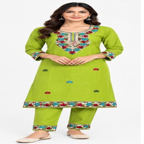 Lime Green Floral Embroidered Straight Kurta Set With Embroidered Trousers - Bust Size: 40