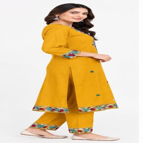 Mustard Yellow Floral Embroidered Straight Kurta Set with Embroidered Trousers