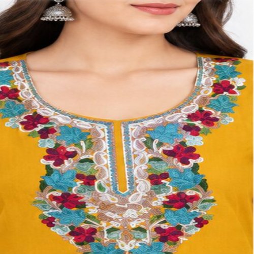Mustard Yellow Floral Embroidered Straight Kurta Set with Embroidered Trousers