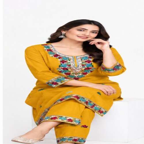 Mustard Yellow Floral Embroidered Straight Kurta Set with Embroidered Trousers