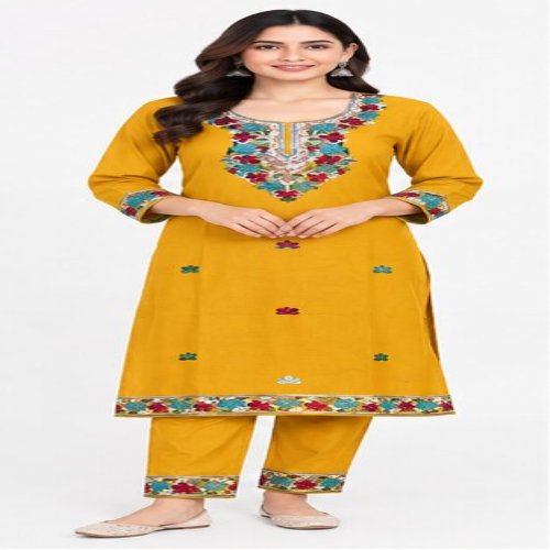 Mustard Yellow Floral Embroidered Straight Kurta Set with Embroidered Trousers