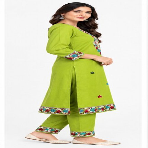 Lime Green Floral Embroidered Straight Kurta Set with Embroidered Trousers