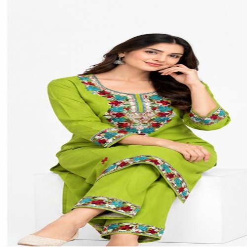 Lime Green Floral Embroidered Straight Kurta Set with Embroidered Trousers