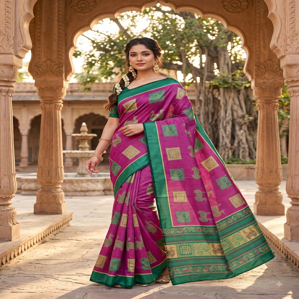 Premium Handloom Zari Chex Saree with Digital print Design