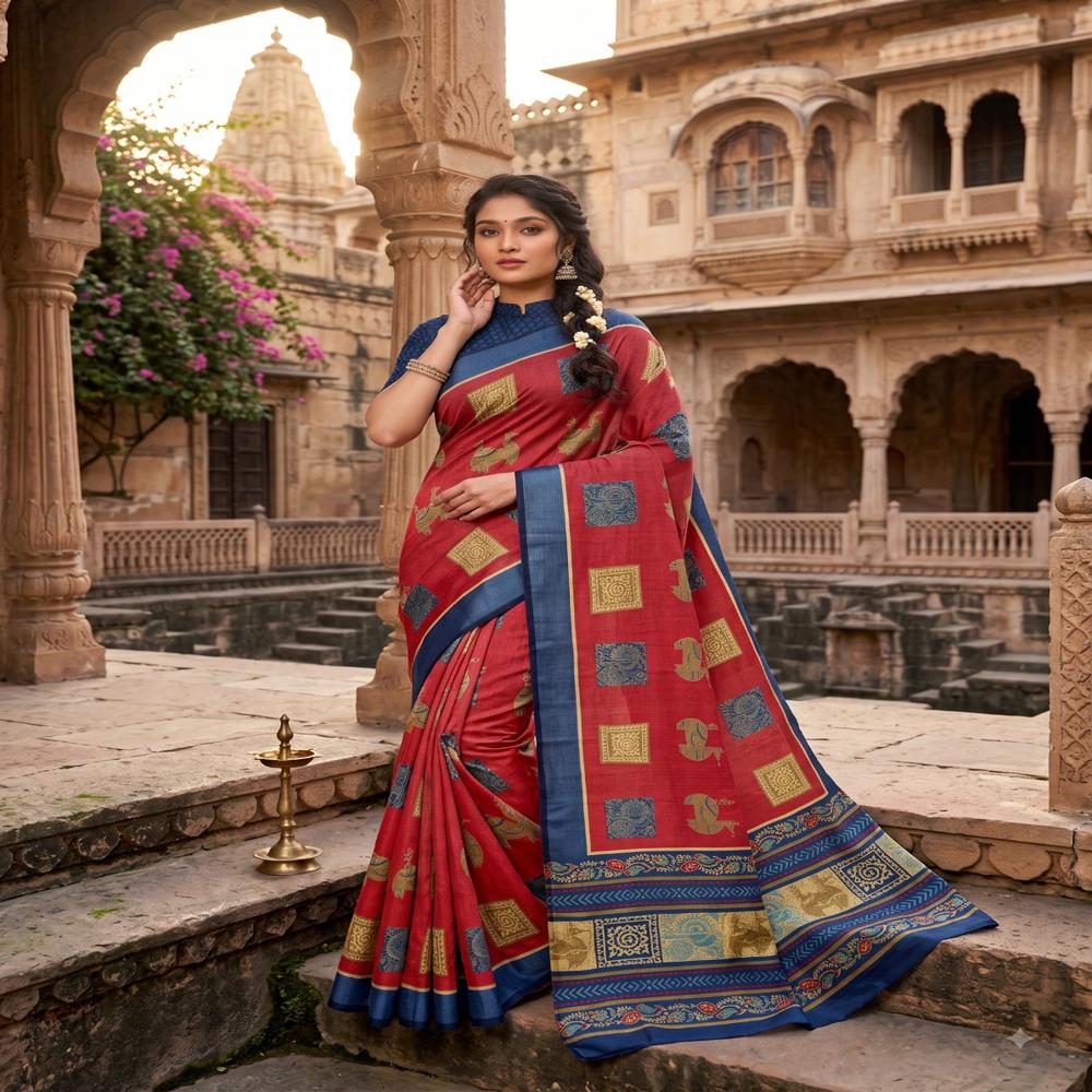 Premium Handloom Zari Chex Saree with Digital print Design
