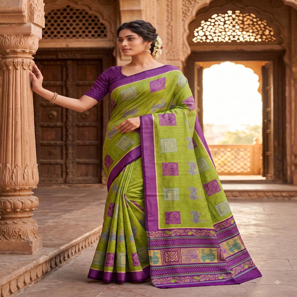 Premium Handloom Zari Chex Saree with Digital print Design