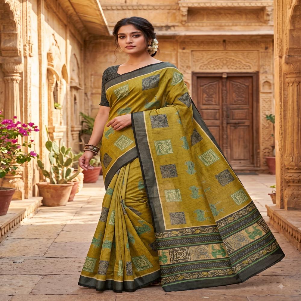 Premium Handloom Zari Chex Saree with Digital print Design
