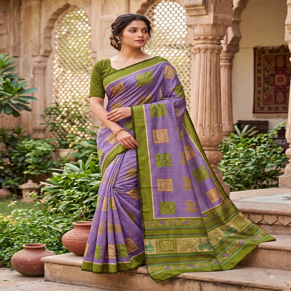 Premium Handloom Zari Chex Saree with Digital print Design