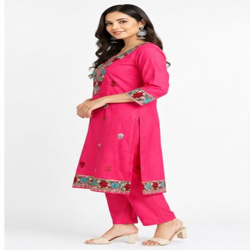 Rani Pink Floral Embroidered Kurta & Trouser Set