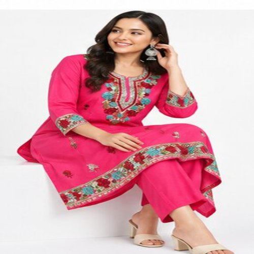 Rani Pink Floral Embroidered Kurta & Trouser Set