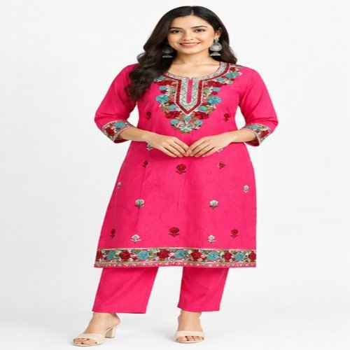Rani Pink Floral Embroidered Kurta & Trouser Set