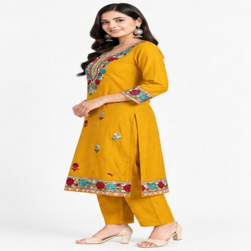 Mustard Yellow Floral Embroidered Kurta & Trouser Set