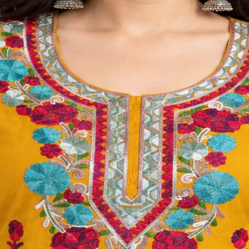 Mustard Yellow Floral Embroidered Kurta & Trouser Set