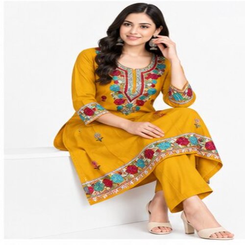 Mustard Yellow Floral Embroidered Kurta & Trouser Set