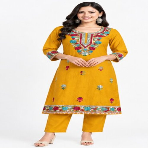 Mustard Yellow Floral Embroidered Kurta & Trouser Set