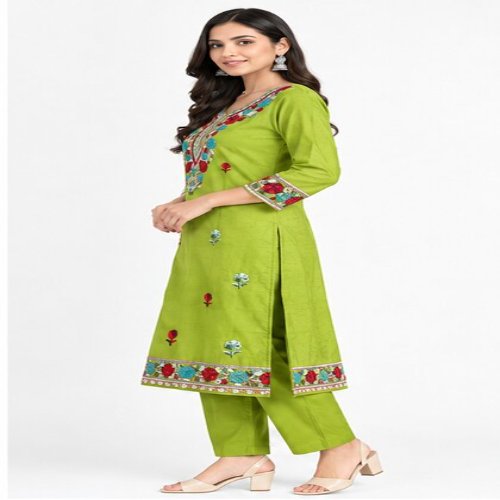 Olive Green Floral Embroidered Kurta & Trouser Set