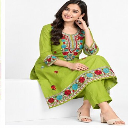 Olive Green Floral Embroidered Kurta & Trouser Set