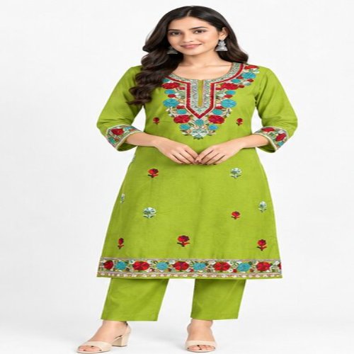 Olive Green Floral Embroidered Kurta & Trouser Set