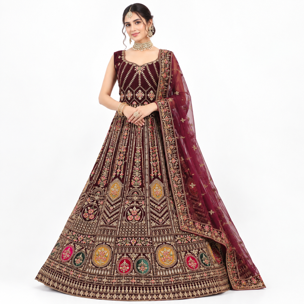 Burgundy Floral Panel Embroidered Lehenga Set