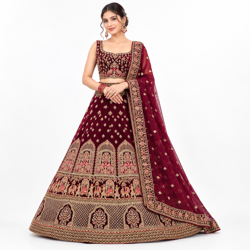 Burgundy Heritage Zari Embroidered Lehenga Set