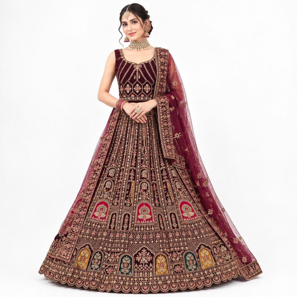 Burgundy Regal Arch Motif Embroidered Lehenga Set