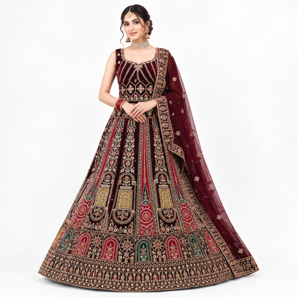 Maroon Heritage Embroidered Bridal Lehenga