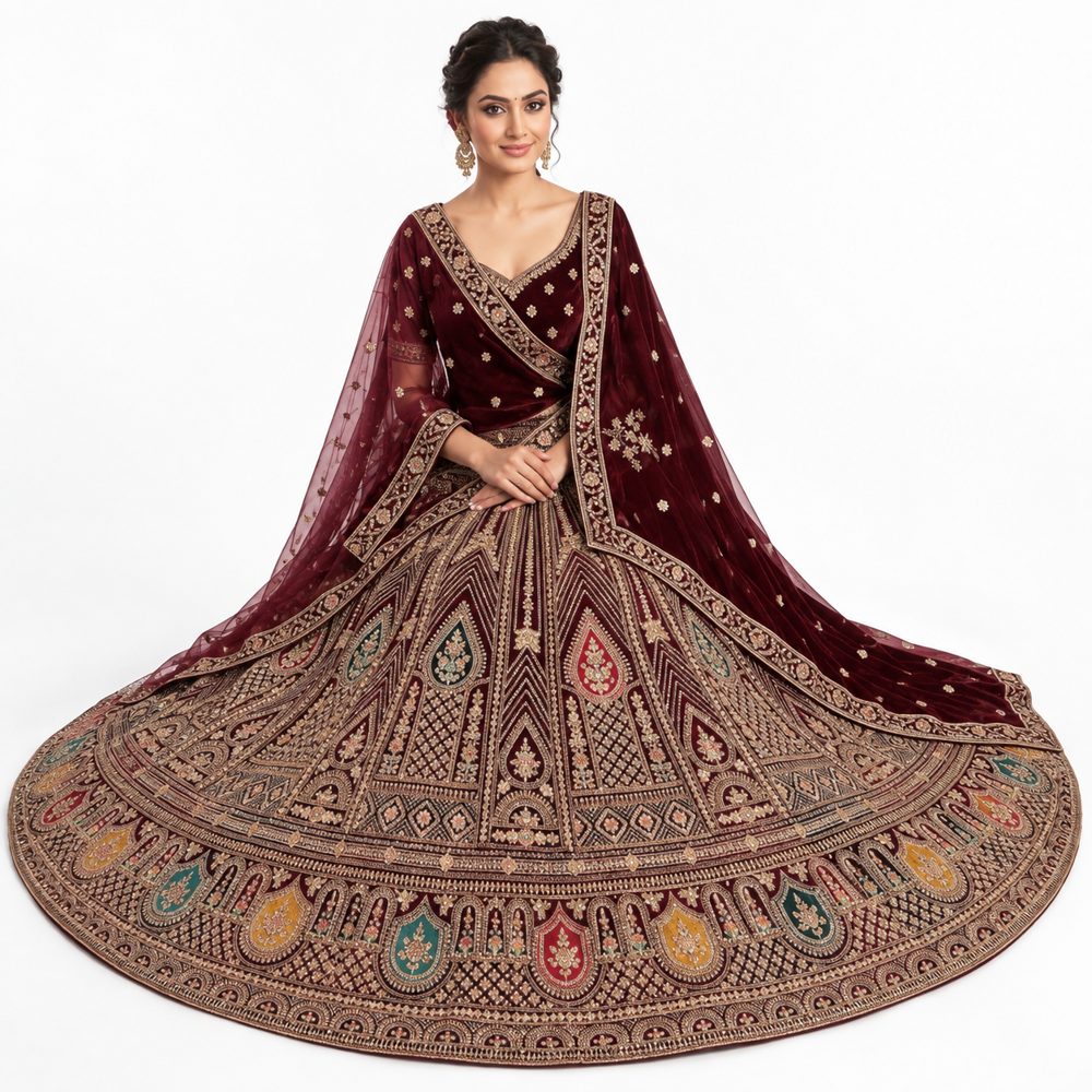 Royal Maroon Velvet Embroidered Lehenga Set