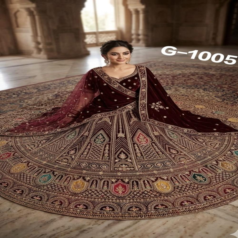 Royal Maroon Velvet Embroidered Lehenga Set