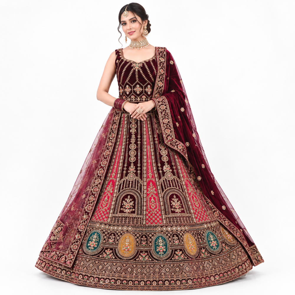 Maroon Embroidered Heritage Bridal Lehenga