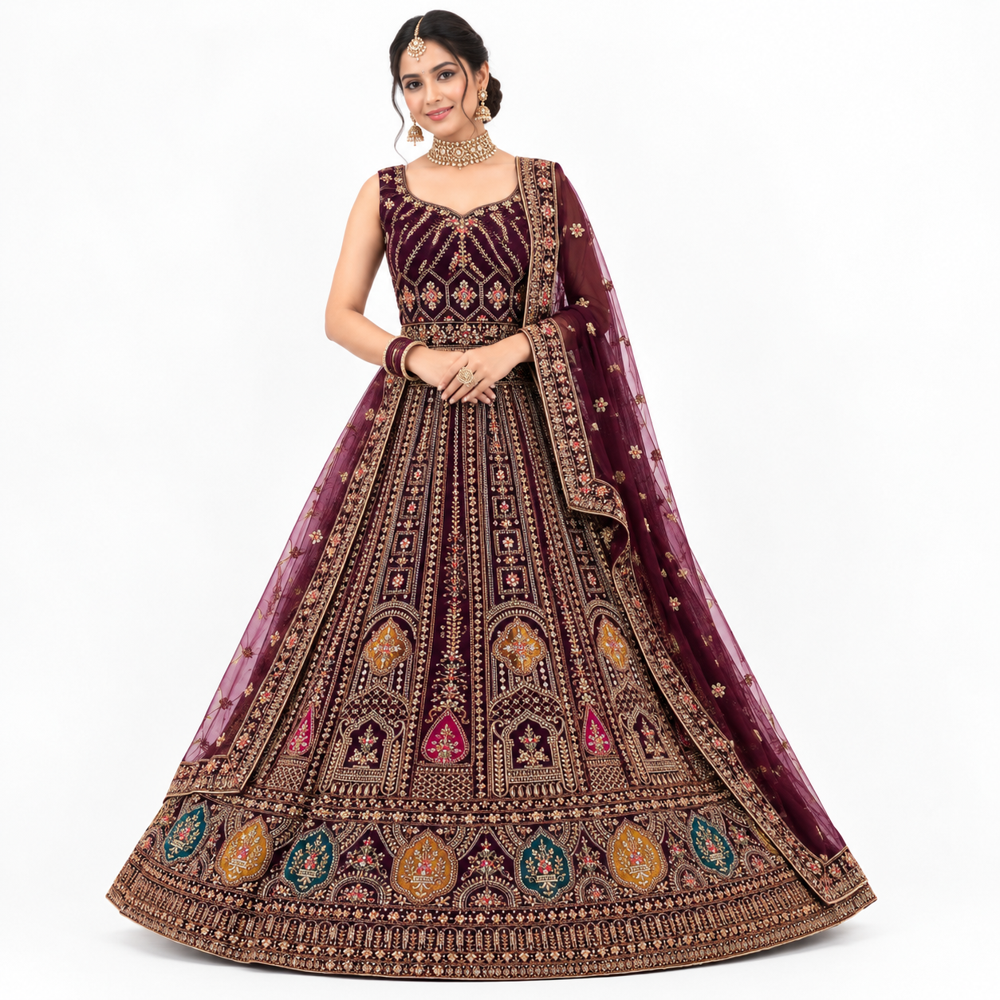 Burgundy Regal Embroidered Bridal Lehenga
